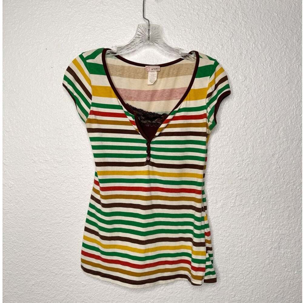 AGaci Vintage Striped Y2K 90s Henley Tee Top with Faux Cami Insert Size M